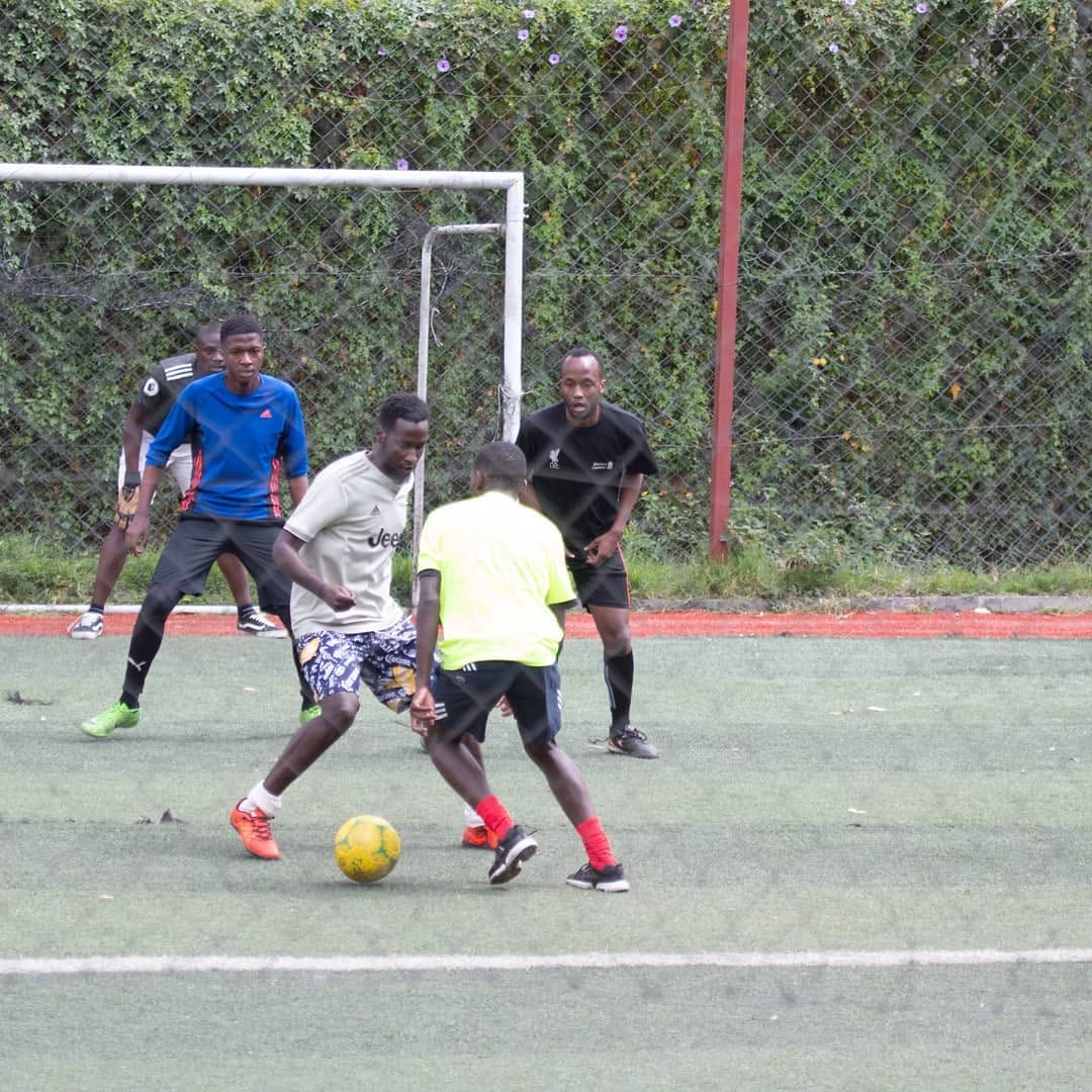 Intense play near the goal area during a match